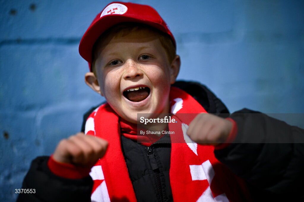 27 February 2026; Shelbourne supporter Tom Tyndell, aged 11, from Skerries in Dublin, before the SSE Airtricity Men's Premier Division match between Drogheda United and Shelbourne at Sullivan & Lambe Park in Drogheda, Louth. Photo by Shauna Clinton/Sportsfile