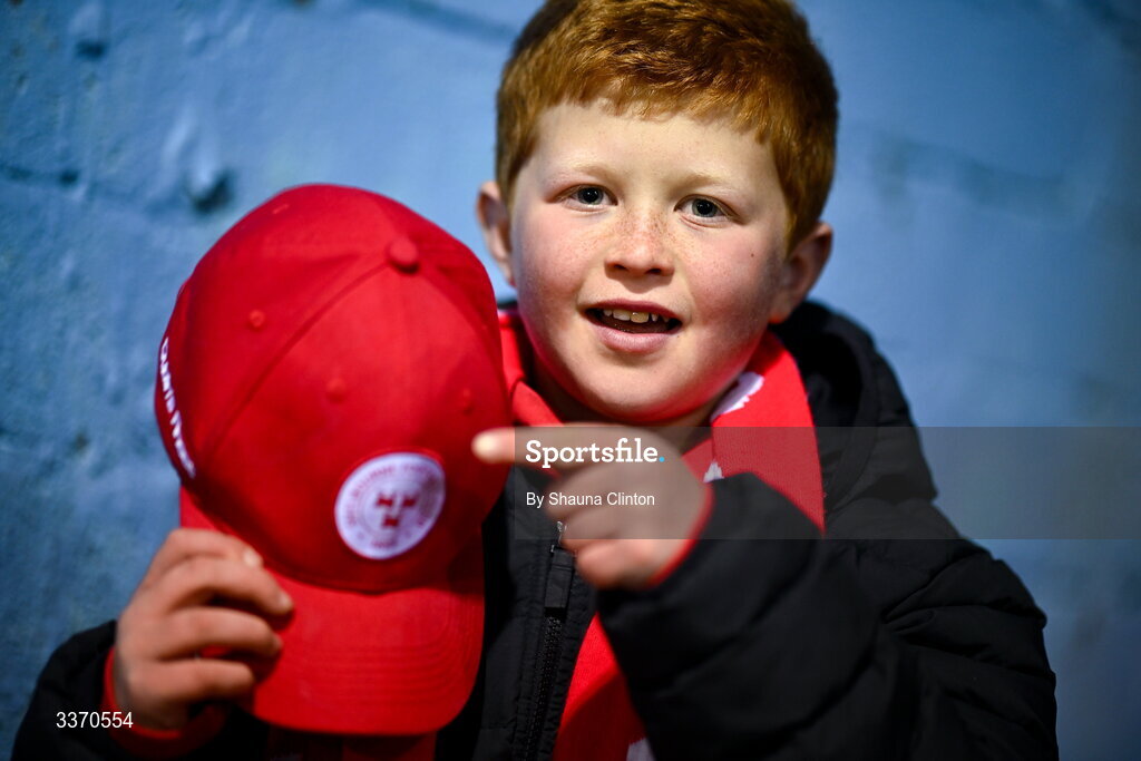 27 February 2026; Shelbourne supporter Tom Tyndell, aged 11, from Skerries in Dublin, before the SSE Airtricity Men's Premier Division match between Drogheda United and Shelbourne at Sullivan & Lambe Park in Drogheda, Louth. Photo by Shauna Clinton/Sportsfile