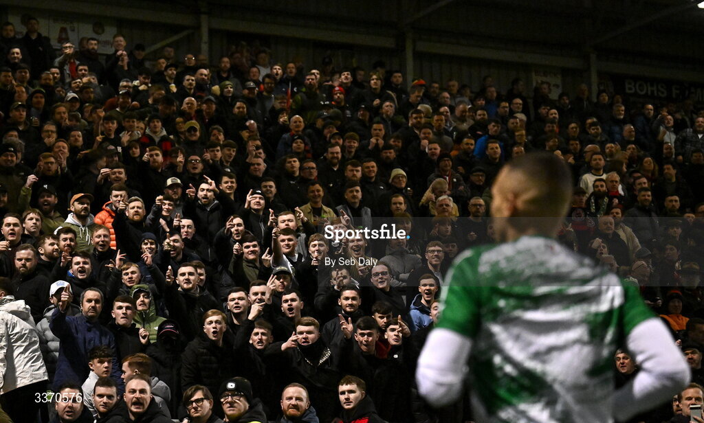 27 February 2026; (EDITOR'S NOTE; Image contains profanity) Bohemians supporters gesture towards Graham Burke of Shamrock Rovers before the SSE Airtricity Men's Premier Division match between Bohemians and Shamrock Rovers at Dalymount Park in Dublin. Photo by Seb Daly/Sportsfile