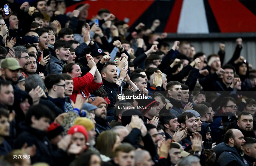 27 February 2026; Bohemians supporters before the SSE Airtricity Men's Premier Division match between Bohemians and Shamrock Rovers at Dalymount Park in Dublin. Photo by Stephen McCarthy/Sportsfile