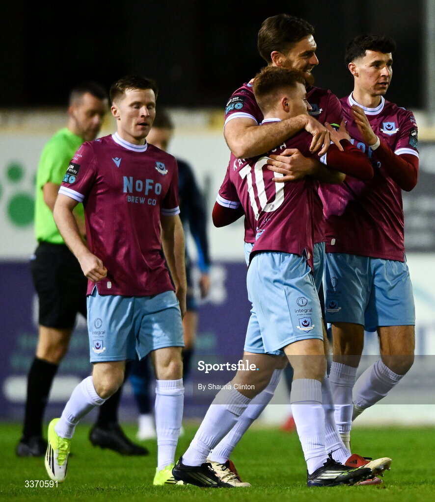 27 February 2026; Brandon Kavanagh of Drogheda United, 10, celebrates with team-mate Conor Keely after scoring his side's first goal during the SSE Airtricity Men's Premier Division match between Drogheda United and Shelbourne at Sullivan & Lambe Park in Drogheda, Louth. Photo by Shauna Clinton/Sportsfile