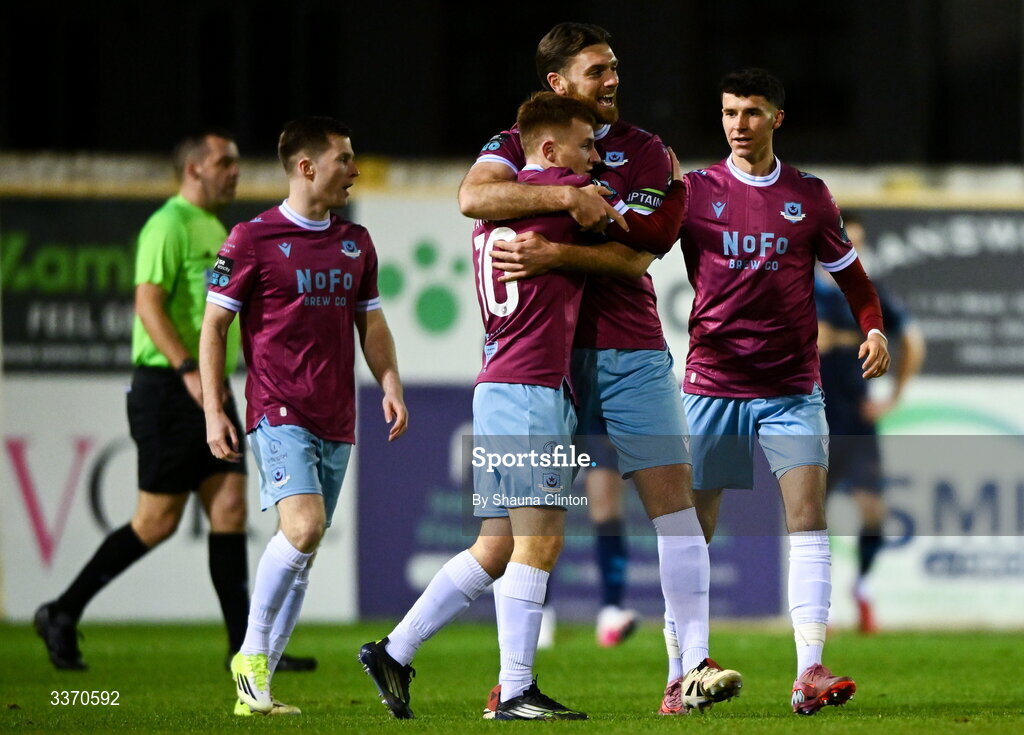 27 February 2026; Brandon Kavanagh of Drogheda United, 10, celebrates with team-mate Conor Keely after scoring his side's first goal during the SSE Airtricity Men's Premier Division match between Drogheda United and Shelbourne at Sullivan & Lambe Park in Drogheda, Louth. Photo by Shauna Clinton/Sportsfile
