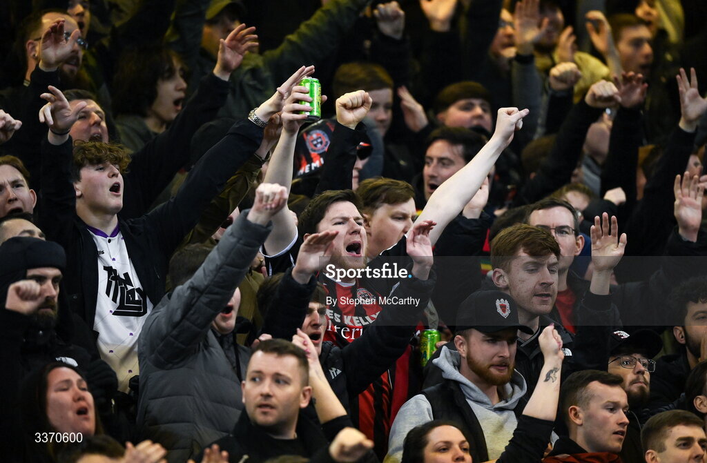 27 February 2026; Bohemians supporters before the SSE Airtricity Men's Premier Division match between Bohemians and Shamrock Rovers at Dalymount Park in Dublin. Photo by Stephen McCarthy/Sportsfile