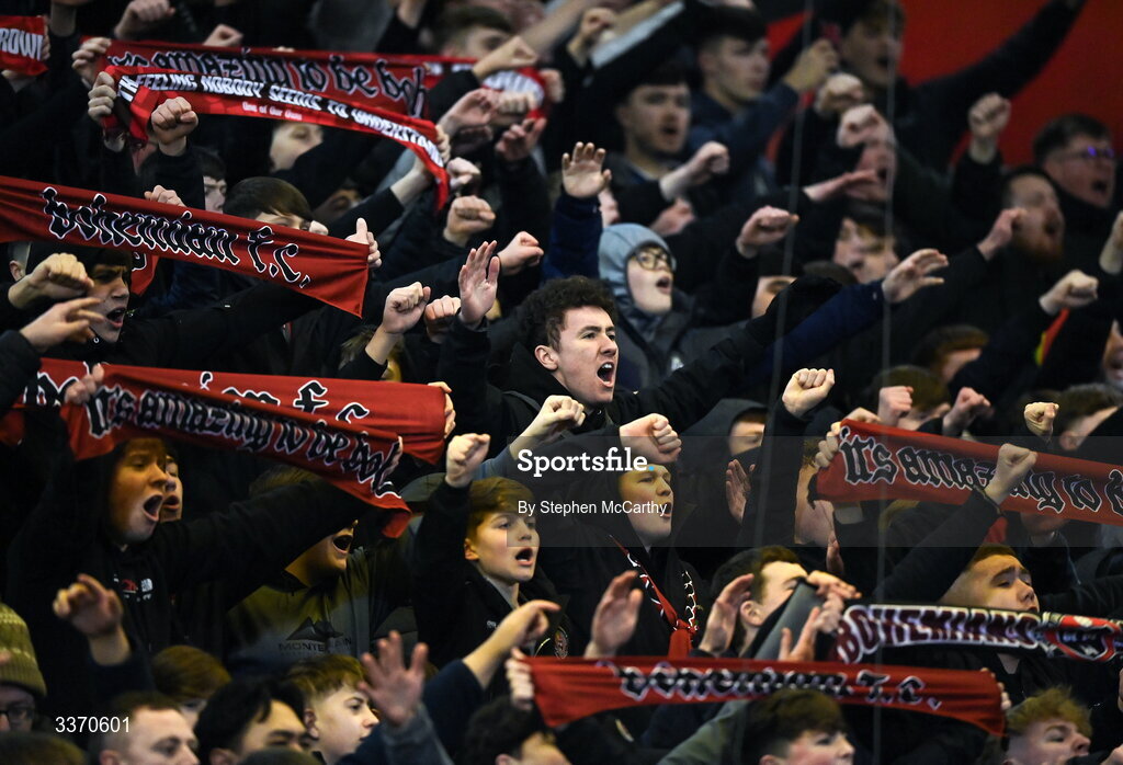 27 February 2026; Bohemians supporters before the SSE Airtricity Men's Premier Division match between Bohemians and Shamrock Rovers at Dalymount Park in Dublin. Photo by Stephen McCarthy/Sportsfile
