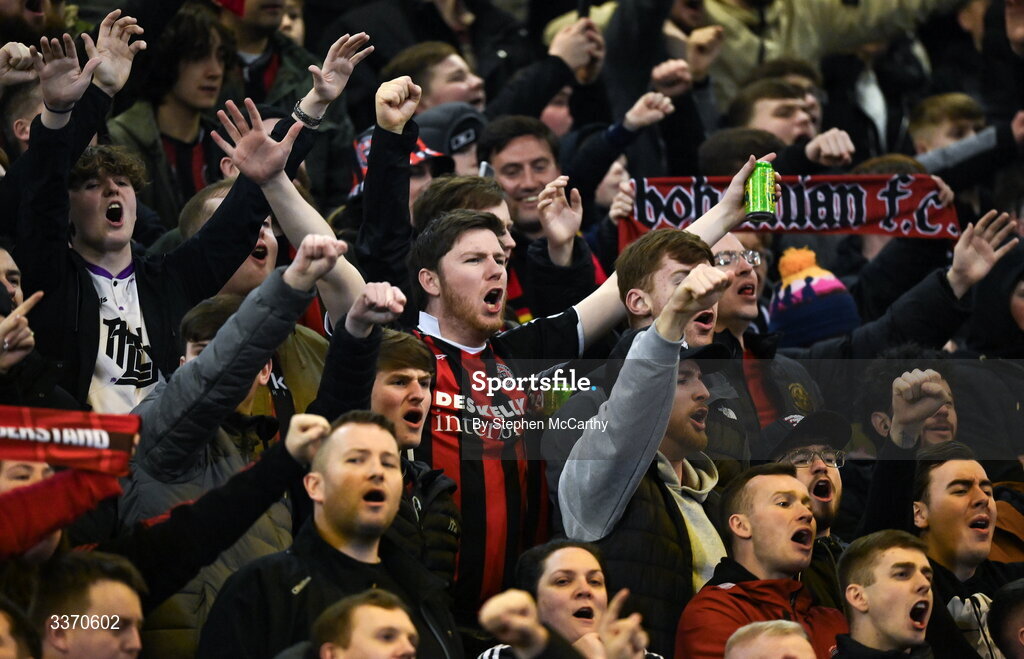 27 February 2026; Bohemians supporters before the SSE Airtricity Men's Premier Division match between Bohemians and Shamrock Rovers at Dalymount Park in Dublin. Photo by Stephen McCarthy/Sportsfile