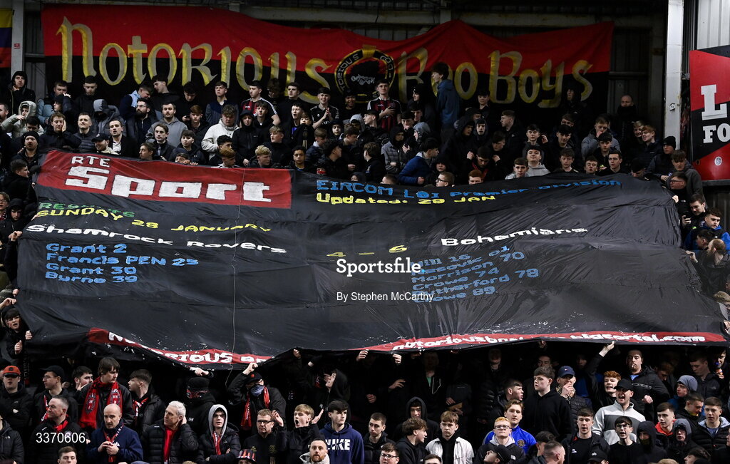 27 February 2026; Bohemians supporters before the SSE Airtricity Men's Premier Division match between Bohemians and Shamrock Rovers at Dalymount Park in Dublin. Photo by Stephen McCarthy/Sportsfile