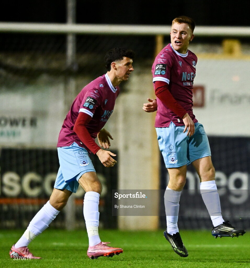 27 February 2026; Brandon Kavanagh of Drogheda United celebrates after scoring his side's first goal during the SSE Airtricity Men's Premier Division match between Drogheda United and Shelbourne at Sullivan & Lambe Park in Drogheda, Louth. Photo by Shauna Clinton/Sportsfile