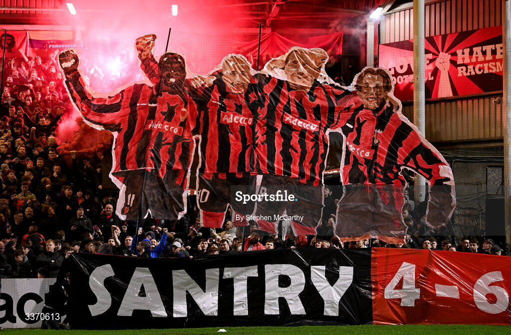 27 February 2026; Bohemians supporters before the SSE Airtricity Men's Premier Division match between Bohemians and Shamrock Rovers at Dalymount Park in Dublin. Photo by Stephen McCarthy/Sportsfile