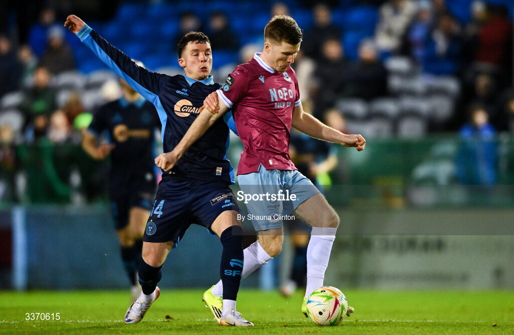 27 February 2026; Conor Kane of Drogheda United in action against Ali Coote of Shelbourne during the SSE Airtricity Men's Premier Division match between Drogheda United and Shelbourne at Sullivan & Lambe Park in Drogheda, Louth. Photo by Shauna Clinton/Sportsfile