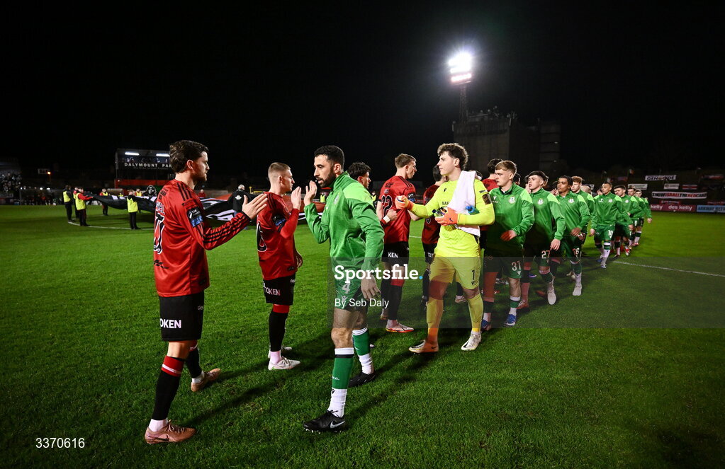 27 February 2026; Players from both side's shake hands before the SSE Airtricity Men's Premier Division match between Bohemians and Shamrock Rovers at Dalymount Park in Dublin. Photo by Seb Daly/Sportsfile