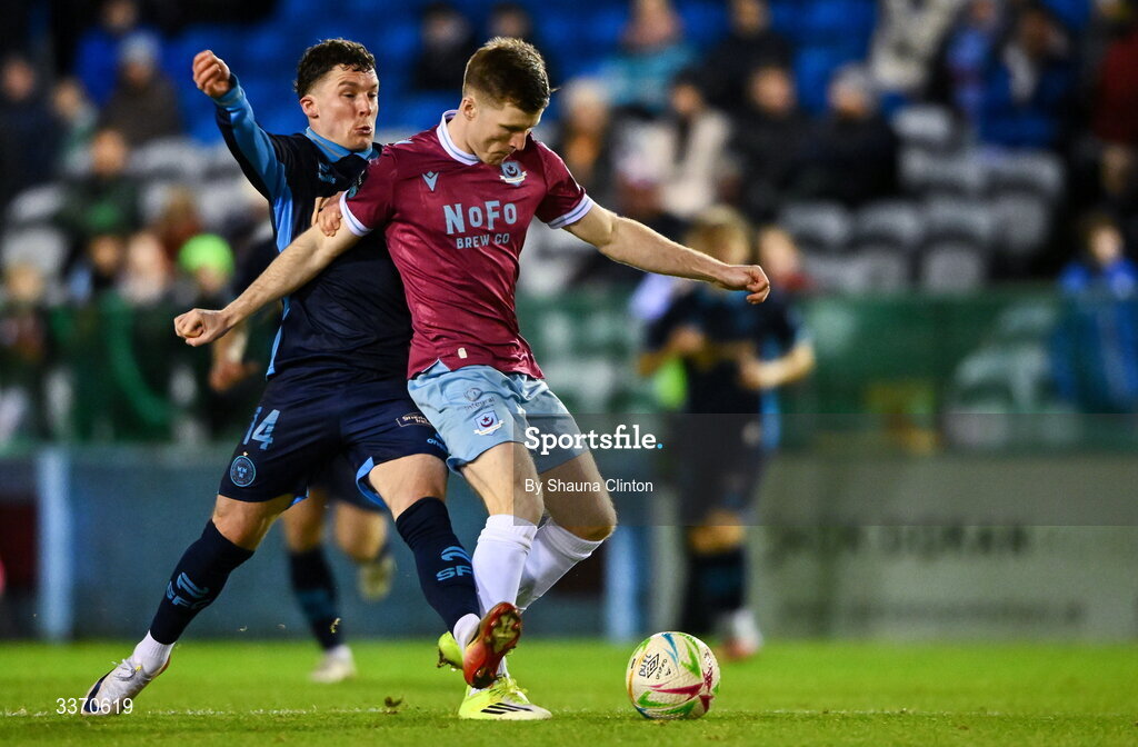 27 February 2026; Conor Kane of Drogheda United in action against Ali Coote of Shelbourne during the SSE Airtricity Men's Premier Division match between Drogheda United and Shelbourne at Sullivan & Lambe Park in Drogheda, Louth. Photo by Shauna Clinton/Sportsfile