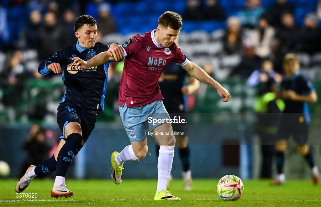 27 February 2026; Conor Kane of Drogheda United in action against Ali Coote of Shelbourne during the SSE Airtricity Men's Premier Division match between Drogheda United and Shelbourne at Sullivan & Lambe Park in Drogheda, Louth. Photo by Shauna Clinton/Sportsfile