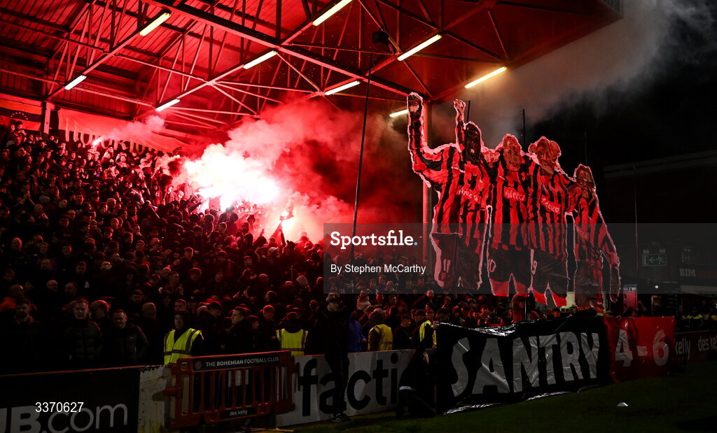 27 February 2026; Bohemians supporters before the SSE Airtricity Men's Premier Division match between Bohemians and Shamrock Rovers at Dalymount Park in Dublin. Photo by Stephen McCarthy/Sportsfile