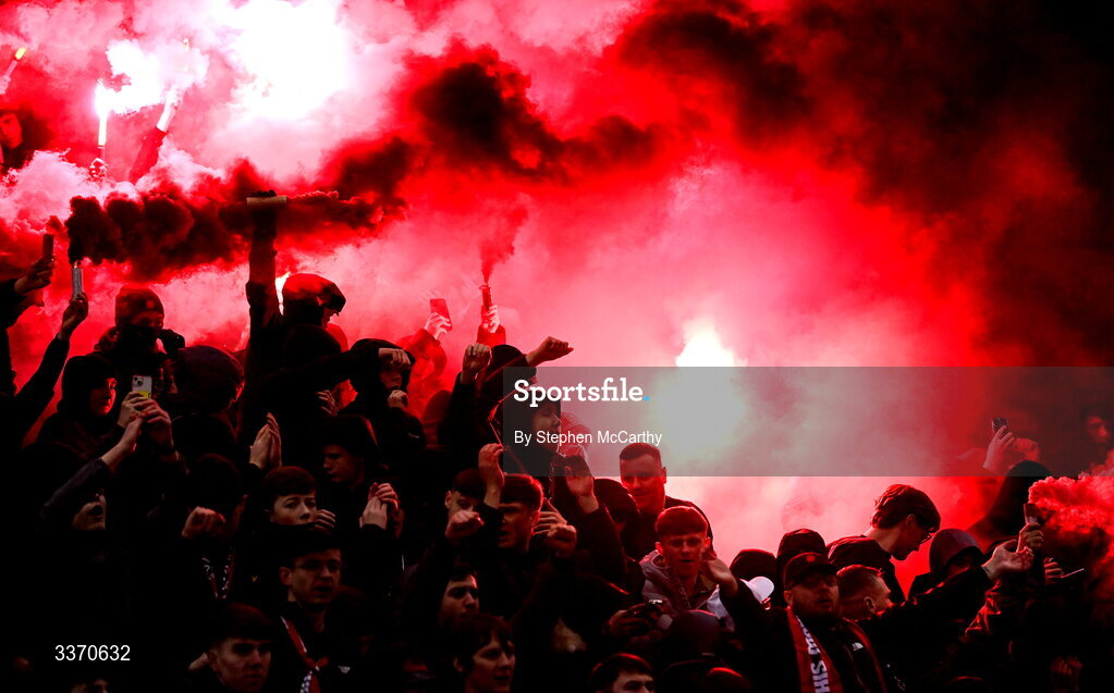 27 February 2026; Bohemians supporters before the SSE Airtricity Men's Premier Division match between Bohemians and Shamrock Rovers at Dalymount Park in Dublin. Photo by Stephen McCarthy/Sportsfile