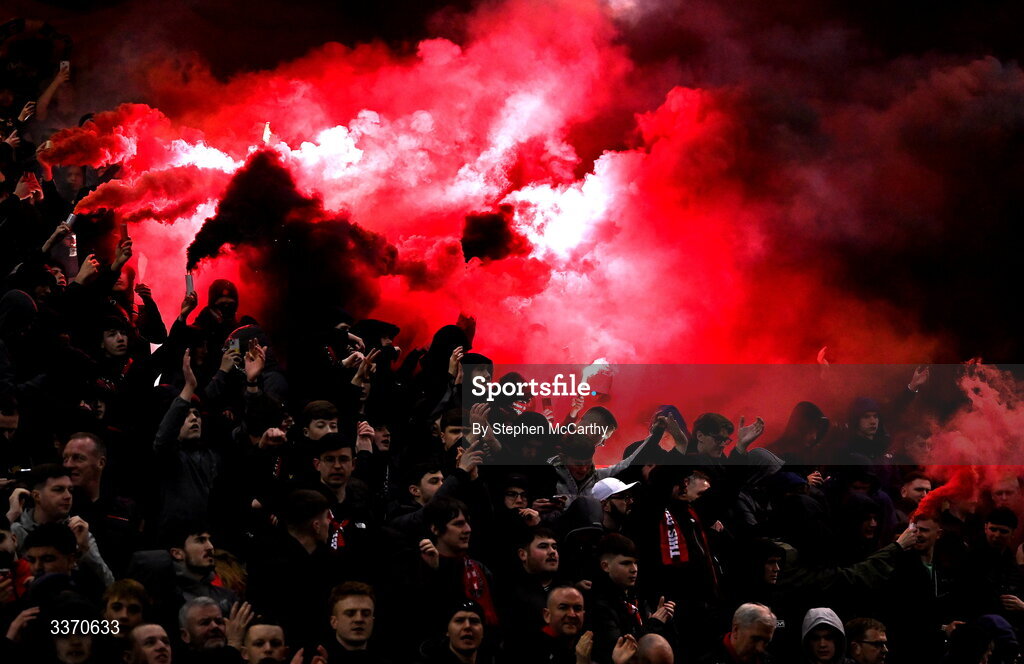 27 February 2026; Bohemians supporters before the SSE Airtricity Men's Premier Division match between Bohemians and Shamrock Rovers at Dalymount Park in Dublin. Photo by Stephen McCarthy/Sportsfile