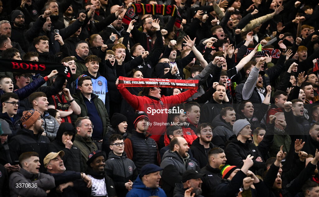 27 February 2026; Bohemians supporters before the SSE Airtricity Men's Premier Division match between Bohemians and Shamrock Rovers at Dalymount Park in Dublin. Photo by Stephen McCarthy/Sportsfile