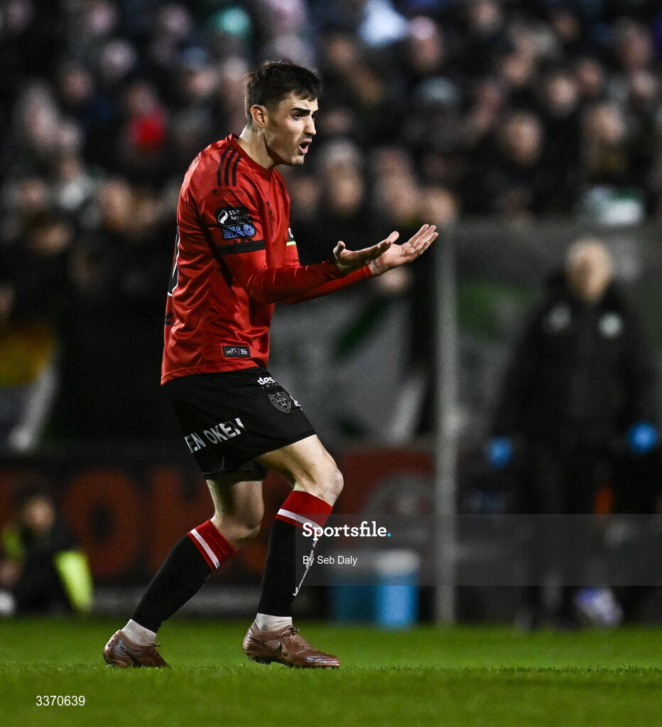 27 February 2026; Dawson Devoy of Bohemians reacts after being shown a yellow card during the SSE Airtricity Men's Premier Division match between Bohemians and Shamrock Rovers at Dalymount Park in Dublin. Photo by Seb Daly/Sportsfile