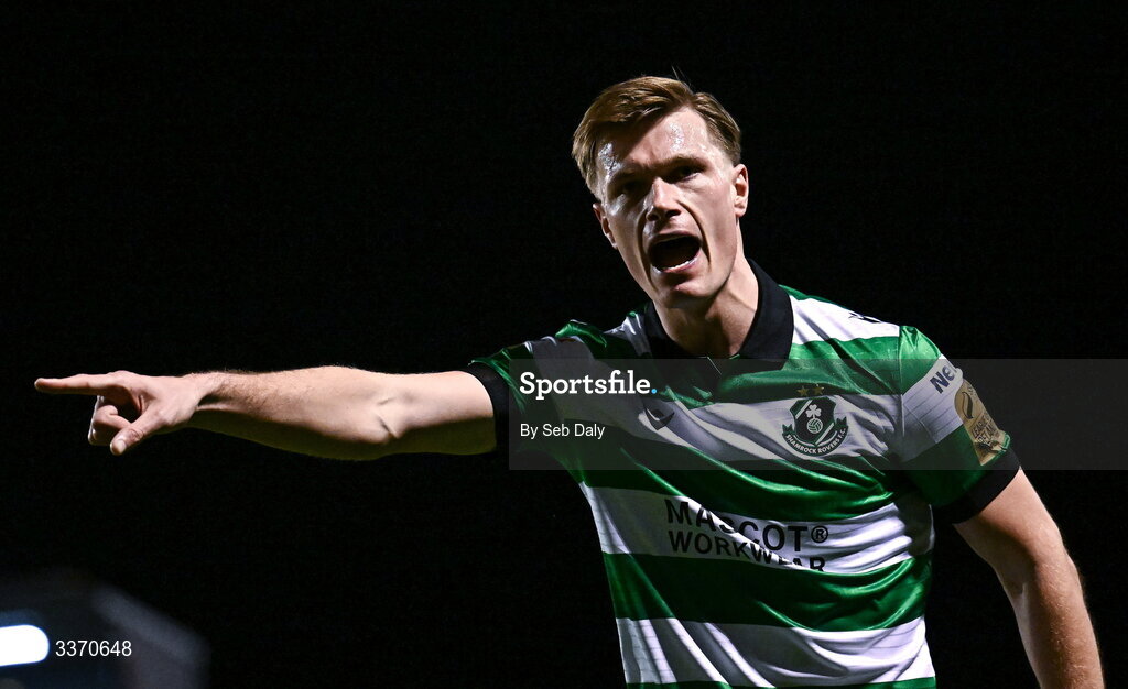 27 February 2026; Daniel Cleary of Shamrock Rovers reacts during the SSE Airtricity Men's Premier Division match between Bohemians and Shamrock Rovers at Dalymount Park in Dublin. Photo by Seb Daly/Sportsfile