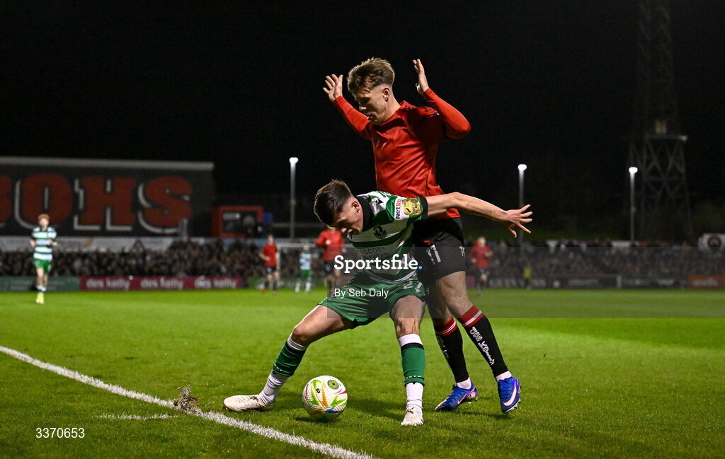 27 February 2026; Cory O'Sullivan of Shamrock Rovers in action against Dayle Rooney of Bohemians during the SSE Airtricity Men's Premier Division match between Bohemians and Shamrock Rovers at Dalymount Park in Dublin. Photo by Seb Daly/Sportsfile