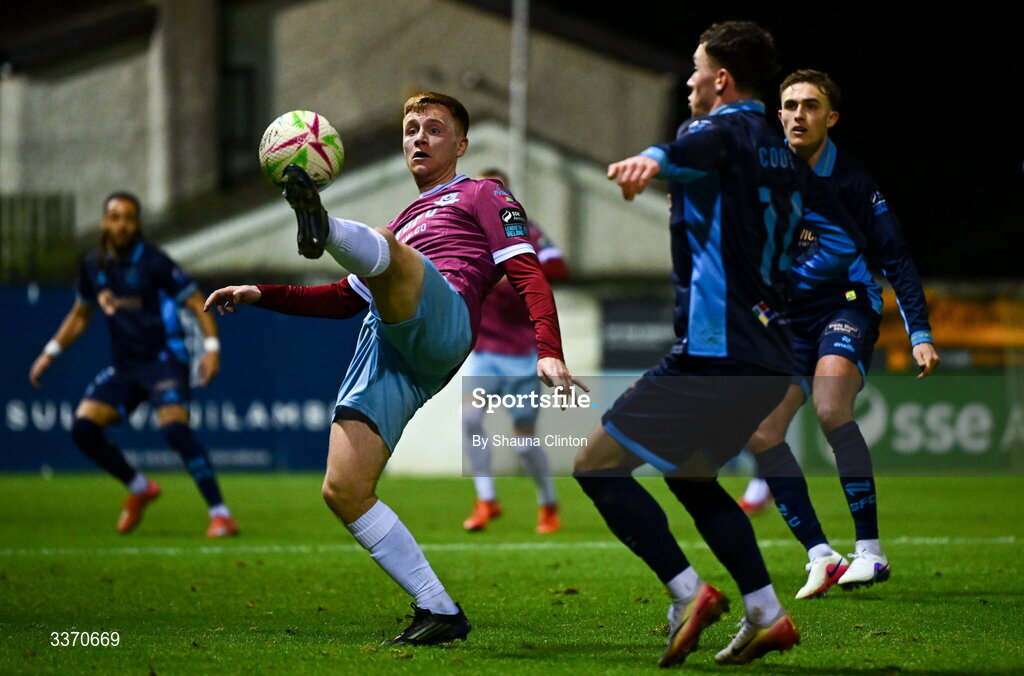 27 February 2026; Brandon Kavanagh of Drogheda United in action against Ali Coote of Shelbourne during the SSE Airtricity Men's Premier Division match between Drogheda United and Shelbourne at Sullivan & Lambe Park in Drogheda, Louth. Photo by Shauna Clinton/Sportsfile