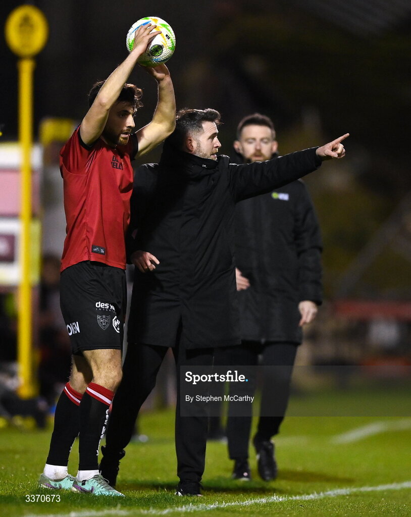 27 February 2026; Shamrock Rovers manager Stephen Bradley and Jordan Flores of Bohemians during the SSE Airtricity Men's Premier Division match between Bohemians and Shamrock Rovers at Dalymount Park in Dublin. Photo by Stephen McCarthy/Sportsfile