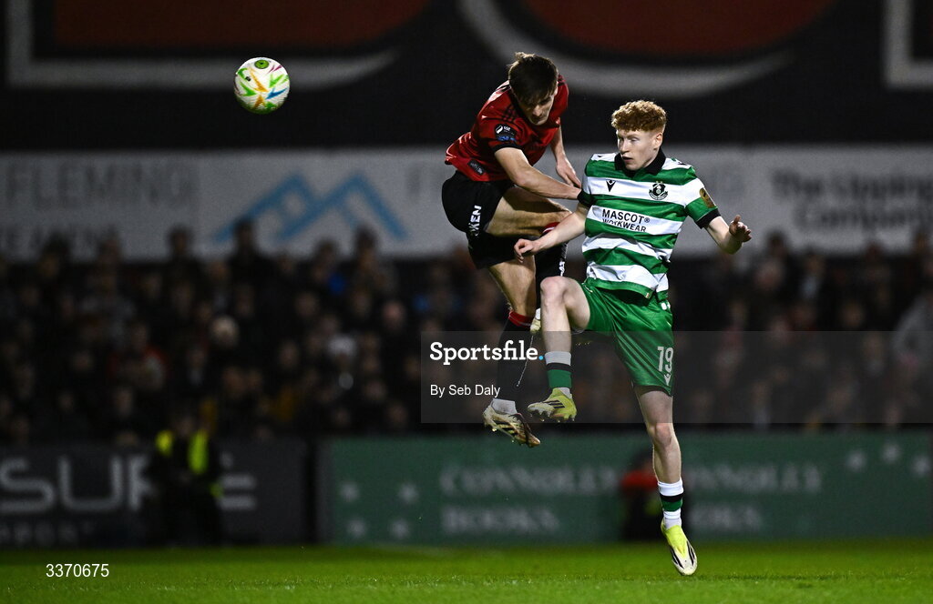 27 February 2026; Niall Morahan of Bohemians in action against Adam Brennan of Shamrock Rovers during the SSE Airtricity Men's Premier Division match between Bohemians and Shamrock Rovers at Dalymount Park in Dublin. Photo by Seb Daly/Sportsfile