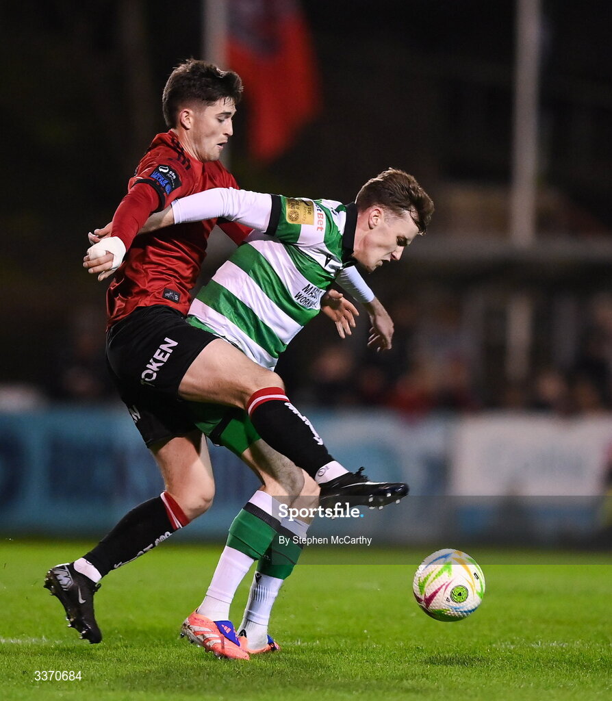 27 February 2026; Matt Healy of Shamrock Rovers in action against Colm Whelan of Bohemians during the SSE Airtricity Men's Premier Division match between Bohemians and Shamrock Rovers at Dalymount Park in Dublin. Photo by Stephen McCarthy/Sportsfile