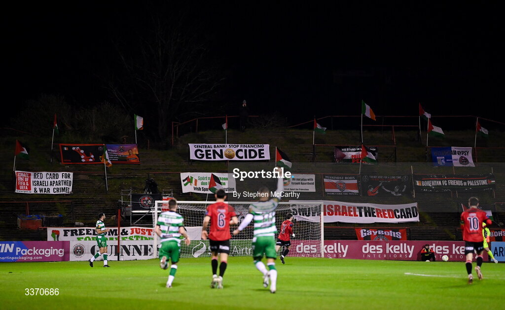 27 February 2026; A general view of banners behind the goal during the SSE Airtricity Men's Premier Division match between Bohemians and Shamrock Rovers at Dalymount Park in Dublin. Photo by Stephen McCarthy/Sportsfile
