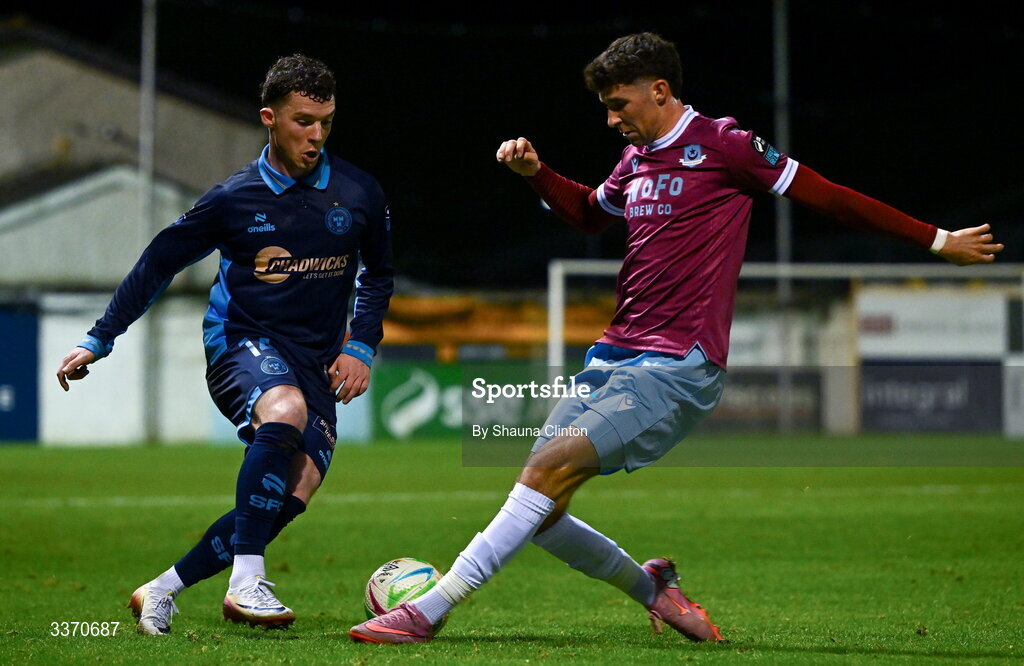 27 February 2026; Ethan O'Brien of Drogheda United in action against Ali Coote of Shelbourne during the SSE Airtricity Men's Premier Division match between Drogheda United and Shelbourne at Sullivan & Lambe Park in Drogheda, Louth. Photo by Shauna Clinton/Sportsfile