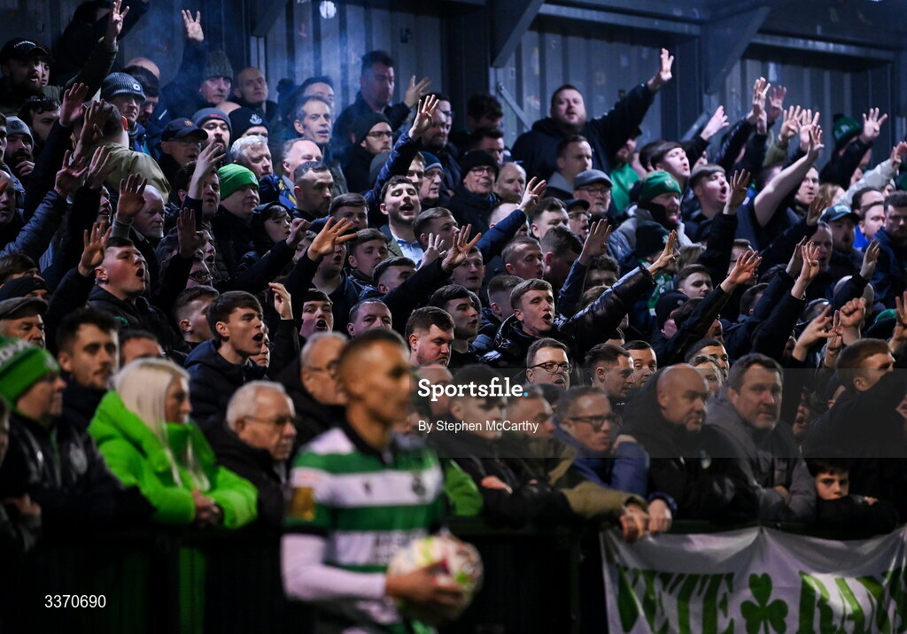 27 February 2026; Shamrock Rovers supporters during the SSE Airtricity Men's Premier Division match between Bohemians and Shamrock Rovers at Dalymount Park in Dublin. Photo by Stephen McCarthy/Sportsfile