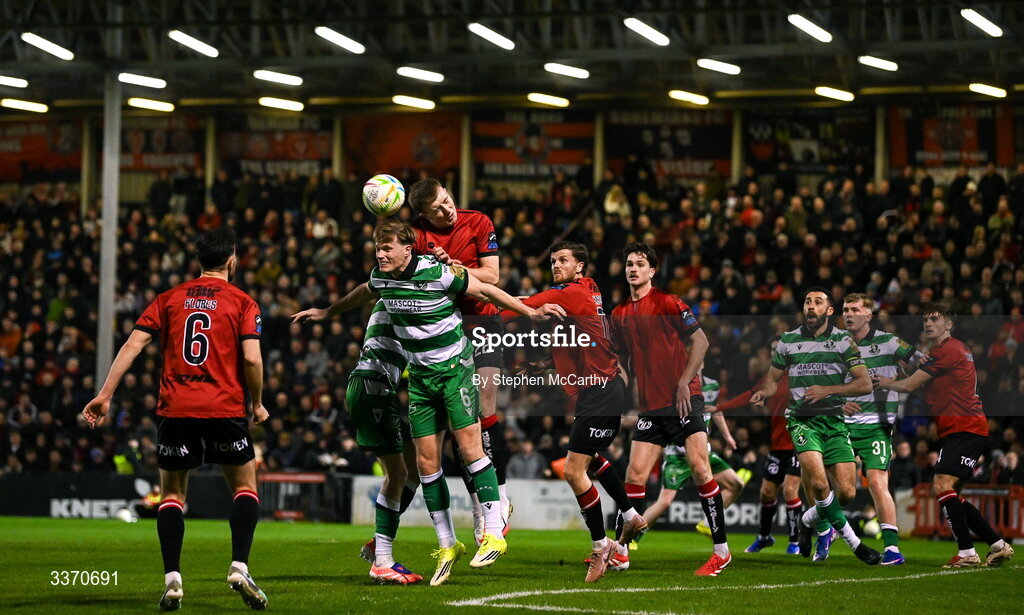 27 February 2026; Sam Todd of Bohemians in action against Daniel Cleary of Shamrock Rovers during the SSE Airtricity Men's Premier Division match between Bohemians and Shamrock Rovers at Dalymount Park in Dublin. Photo by Stephen McCarthy/Sportsfile