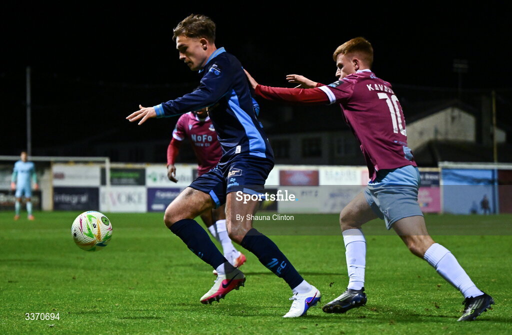 27 February 2026; Evan Caffrey of Shelbourne in action against Brandon Kavanagh of Drogheda United during the SSE Airtricity Men's Premier Division match between Drogheda United and Shelbourne at Sullivan & Lambe Park in Drogheda, Louth. Photo by Shauna Clinton/Sportsfile