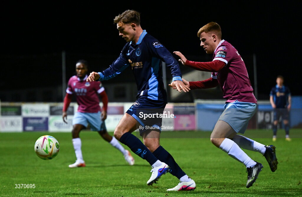 27 February 2026; Evan Caffrey of Shelbourne in action against Brandon Kavanagh of Drogheda United during the SSE Airtricity Men's Premier Division match between Drogheda United and Shelbourne at Sullivan & Lambe Park in Drogheda, Louth. Photo by Shauna Clinton/Sportsfile
