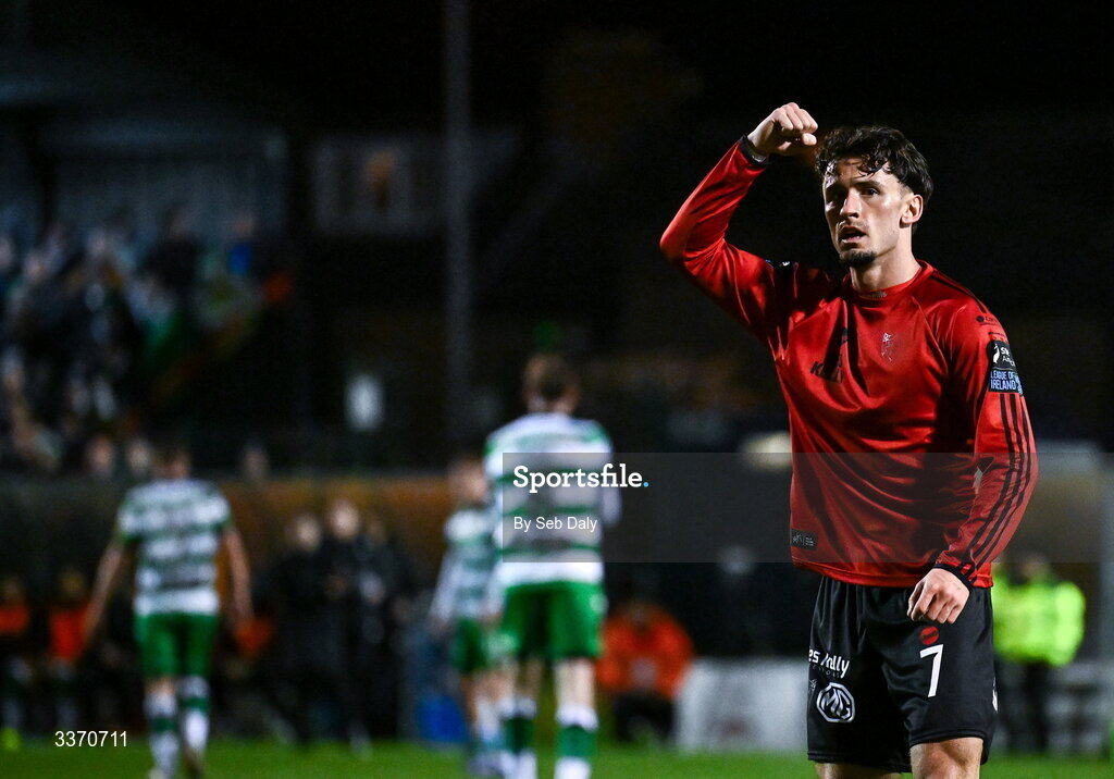 27 February 2026; Connor Parsons of Bohemians celebrates after scoring his side's first try during the SSE Airtricity Men's Premier Division match between Bohemians and Shamrock Rovers at Dalymount Park in Dublin. Photo by Seb Daly/Sportsfile