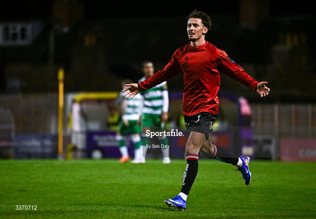 27 February 2026; Connor Parsons of Bohemians celebrates after scoring his side's first try during the SSE Airtricity Men's Premier Division match between Bohemians and Shamrock Rovers at Dalymount Park in Dublin. Photo by Seb Daly/Sportsfile