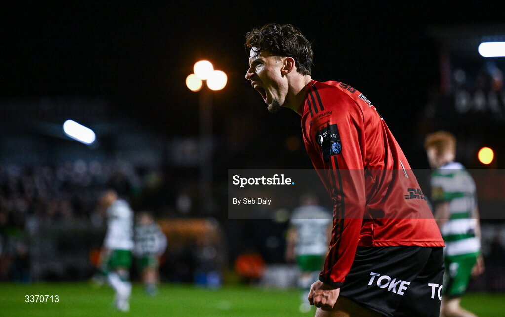 27 February 2026; Connor Parsons of Bohemians celebrates after scoring his side's first try during the SSE Airtricity Men's Premier Division match between Bohemians and Shamrock Rovers at Dalymount Park in Dublin. Photo by Seb Daly/Sportsfile