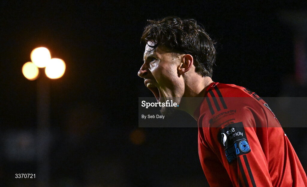 27 February 2026; Connor Parsons of Bohemians celebrates after scoring his side's first try during the SSE Airtricity Men's Premier Division match between Bohemians and Shamrock Rovers at Dalymount Park in Dublin. Photo by Seb Daly/Sportsfile