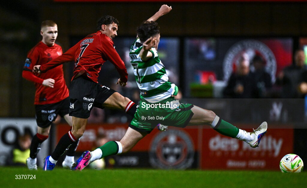 27 February 2026; Connor Parsons of Bohemians shoots to score his side's first goal during the SSE Airtricity Men's Premier Division match between Bohemians and Shamrock Rovers at Dalymount Park in Dublin. Photo by Seb Daly/Sportsfile