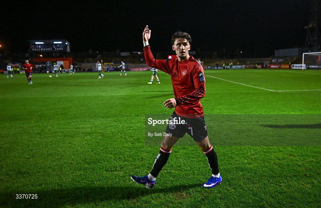 27 February 2026; Connor Parsons of Bohemians celebrates after scoring his side's first try during the SSE Airtricity Men's Premier Division match between Bohemians and Shamrock Rovers at Dalymount Park in Dublin. Photo by Seb Daly/Sportsfile