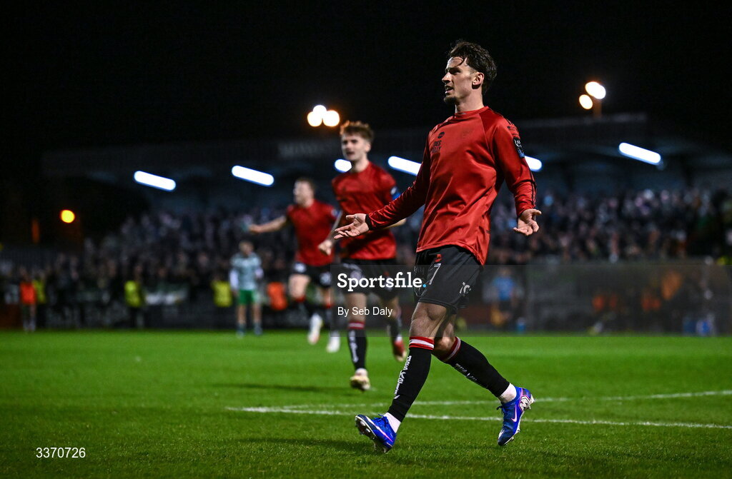 27 February 2026; Connor Parsons of Bohemians celebrates after scoring his side's first try during the SSE Airtricity Men's Premier Division match between Bohemians and Shamrock Rovers at Dalymount Park in Dublin. Photo by Seb Daly/Sportsfile