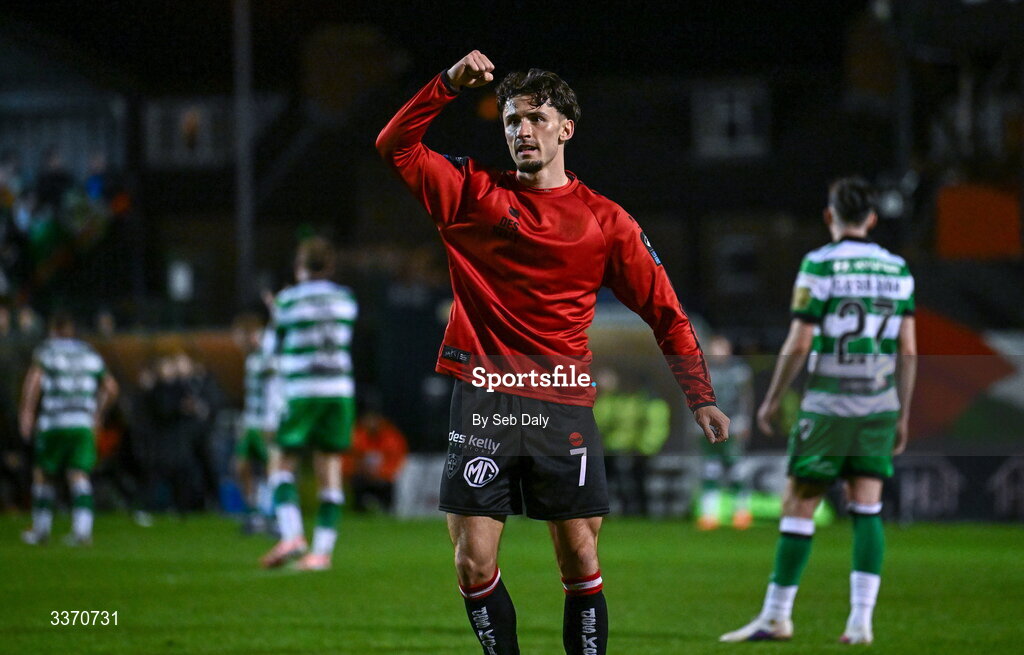 27 February 2026; Connor Parsons of Bohemians celebrates after scoring his side's first try during the SSE Airtricity Men's Premier Division match between Bohemians and Shamrock Rovers at Dalymount Park in Dublin. Photo by Seb Daly/Sportsfile