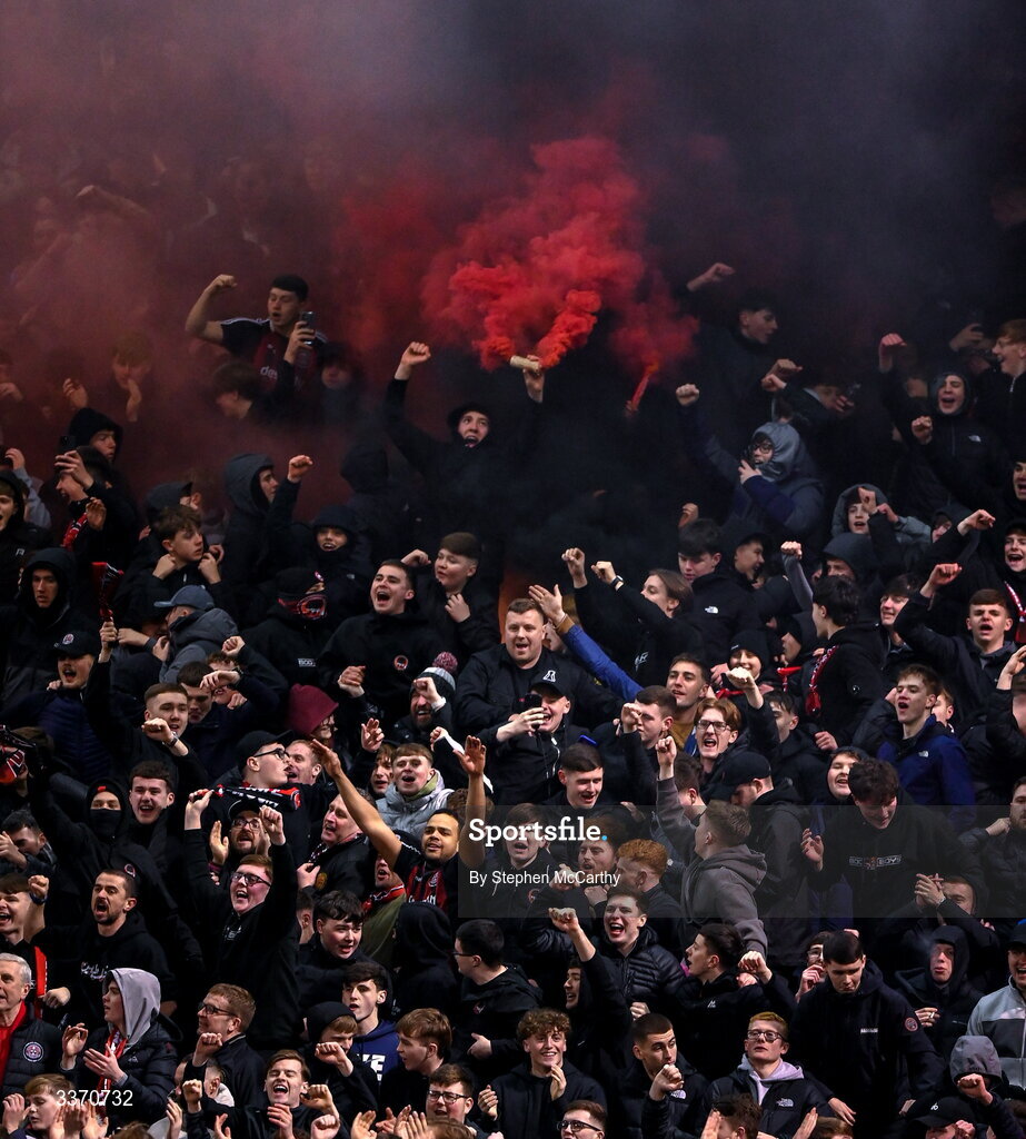 27 February 2026; Bohemians supporters celebrate as Connor Parsons scores their side's first goal during the SSE Airtricity Men's Premier Division match between Bohemians and Shamrock Rovers at Dalymount Park in Dublin. Photo by Stephen McCarthy/Sportsfile
