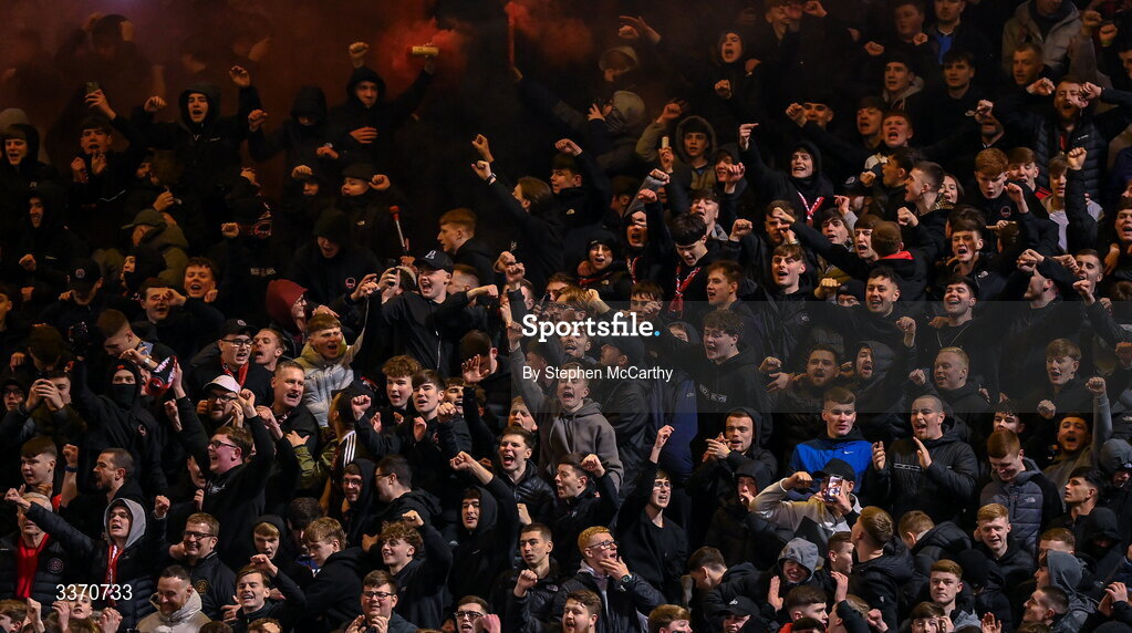27 February 2026; Bohemians supporters celebrate as Connor Parsons scores their side's first goal during the SSE Airtricity Men's Premier Division match between Bohemians and Shamrock Rovers at Dalymount Park in Dublin. Photo by Stephen McCarthy/Sportsfile