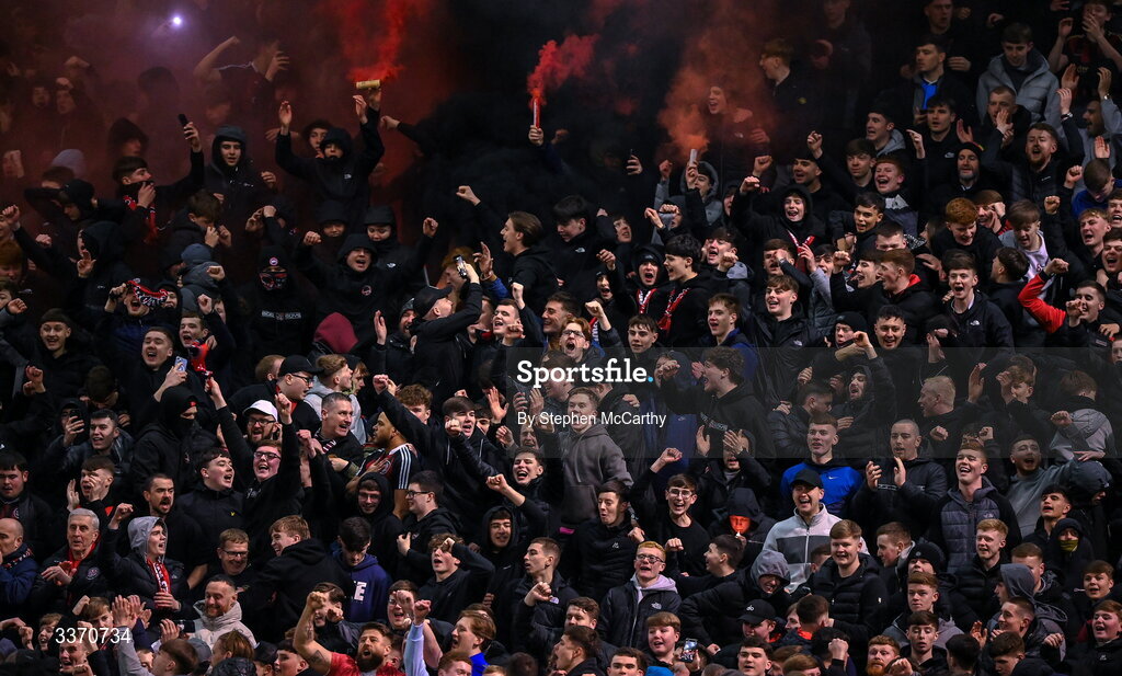 27 February 2026; Bohemians supporters celebrate as Connor Parsons scores their side's first goal during the SSE Airtricity Men's Premier Division match between Bohemians and Shamrock Rovers at Dalymount Park in Dublin. Photo by Stephen McCarthy/Sportsfile