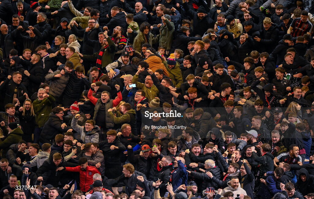 27 February 2026; Bohemians supporters celebrate as Connor Parsons scores their side's first goal during the SSE Airtricity Men's Premier Division match between Bohemians and Shamrock Rovers at Dalymount Park in Dublin. Photo by Stephen McCarthy/Sportsfile