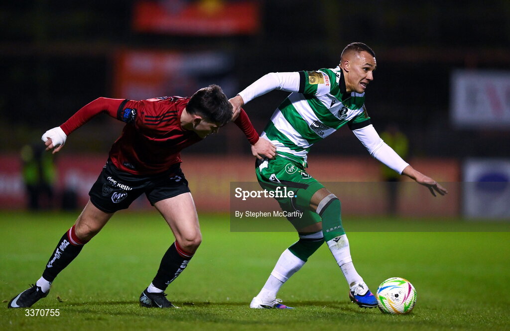 27 February 2026; Graham Burke of Shamrock Rovers in action against Colm Whelan of Bohemians during the SSE Airtricity Men's Premier Division match between Bohemians and Shamrock Rovers at Dalymount Park in Dublin. Photo by Stephen McCarthy/Sportsfile