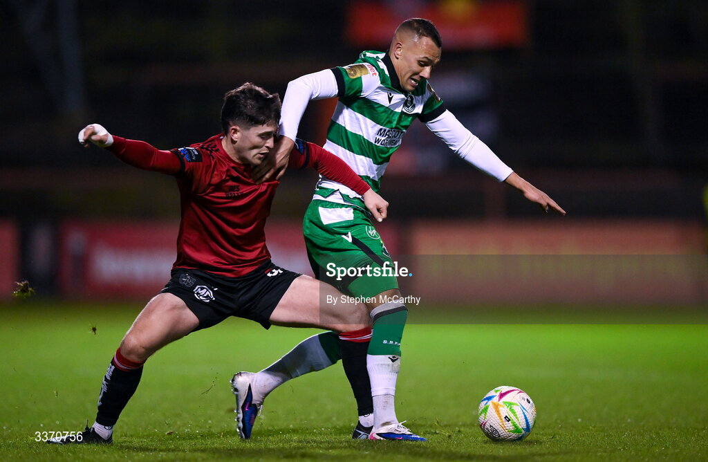 27 February 2026; Graham Burke of Shamrock Rovers in action against Colm Whelan of Bohemians during the SSE Airtricity Men's Premier Division match between Bohemians and Shamrock Rovers at Dalymount Park in Dublin. Photo by Stephen McCarthy/Sportsfile