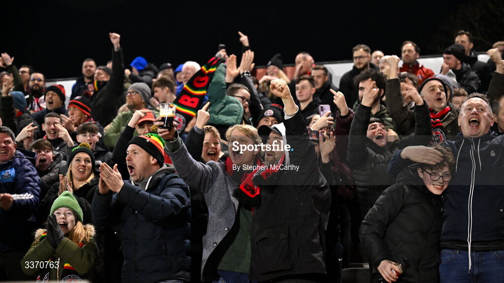 27 February 2026; Bohemians supporters celebrate as Connor Parsons scores their side's first goal during the SSE Airtricity Men's Premier Division match between Bohemians and Shamrock Rovers at Dalymount Park in Dublin. Photo by Stephen McCarthy/Sportsfile
