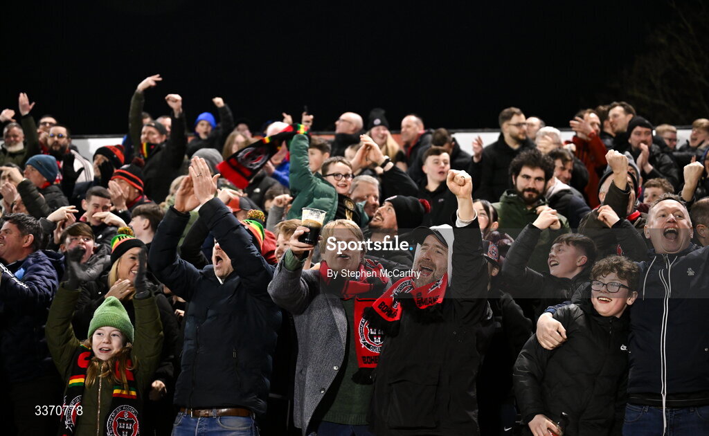 27 February 2026; Bohemians supporters celebrate as Connor Parsons scores their side's first goal during the SSE Airtricity Men's Premier Division match between Bohemians and Shamrock Rovers at Dalymount Park in Dublin. Photo by Stephen McCarthy/Sportsfile