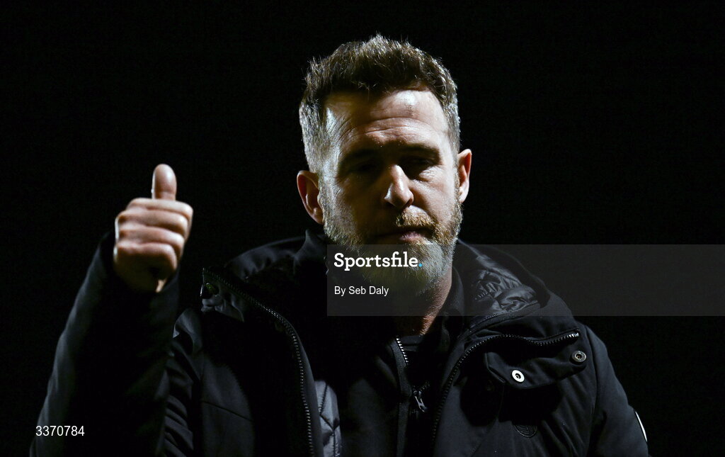 27 February 2026; Shamrock Rovers manager Stephen Bradley gestures towards Bohemians supporters as he leaves the field at half-time during the SSE Airtricity Men's Premier Division match between Bohemians and Shamrock Rovers at Dalymount Park in Dublin. Photo by Seb Daly/Sportsfile
